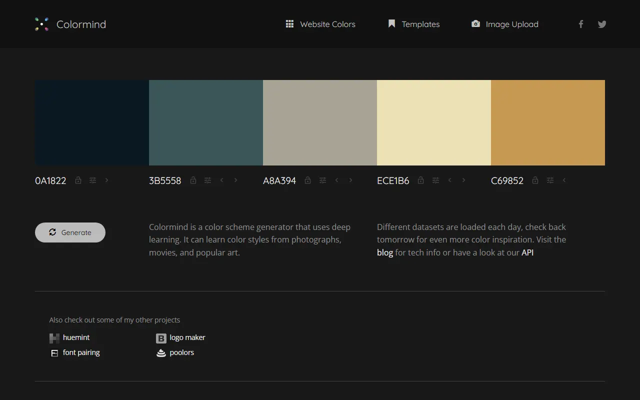 Colormind AI tool interface screenshot